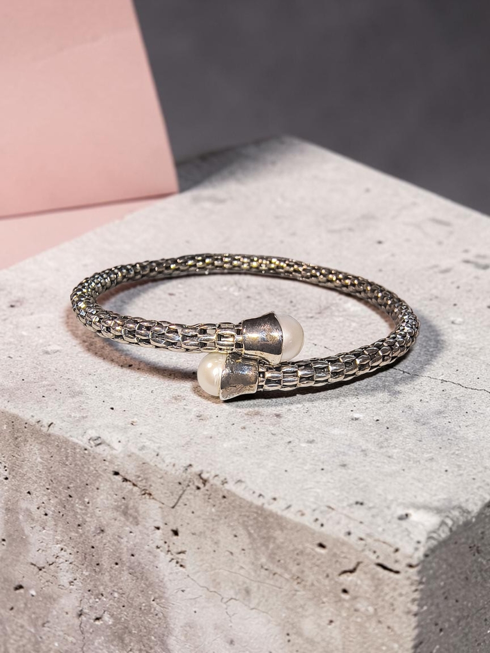 Michael Dawkins Italy Sterling Silver Twist On Cuff Bracelet With Pearl End Caps